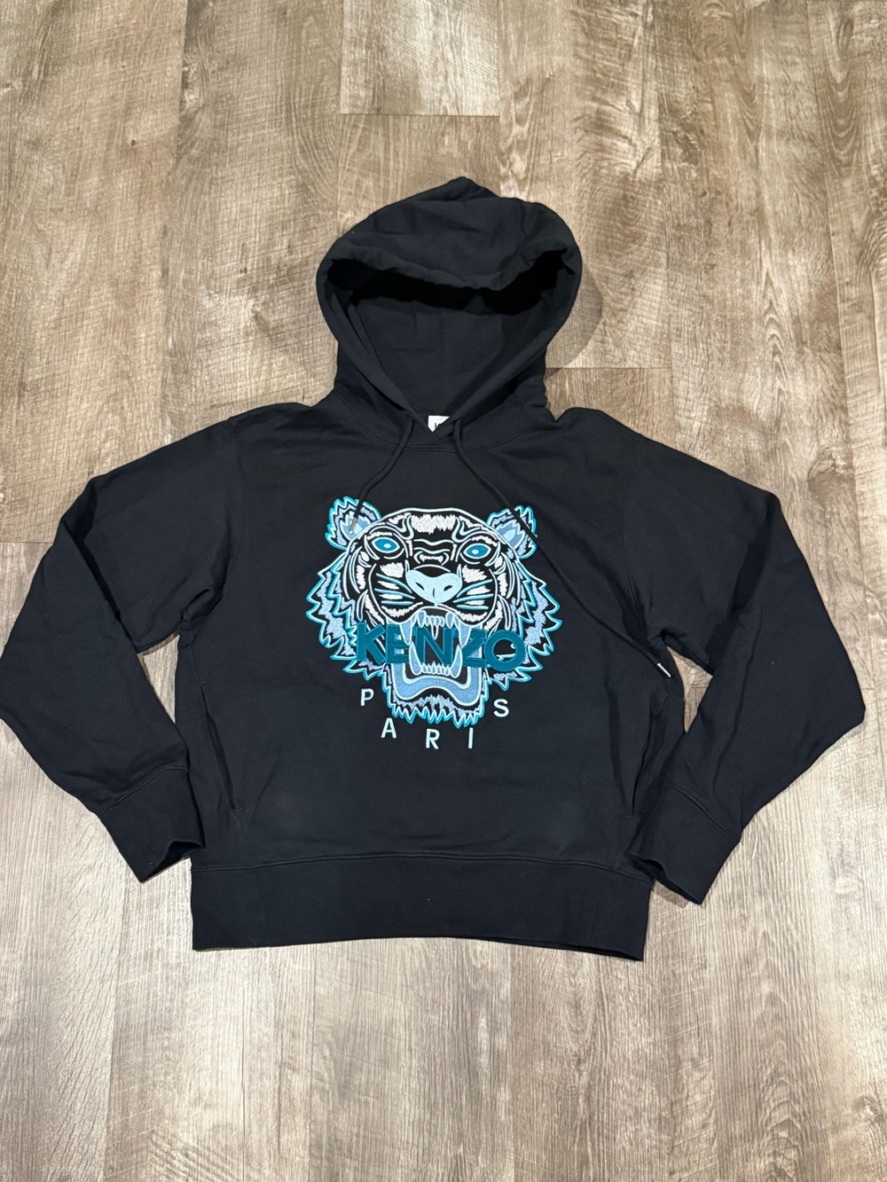 Kenzo Paris Tiger Head Embroidered Hooded Hoodie Black Teal womens size large.